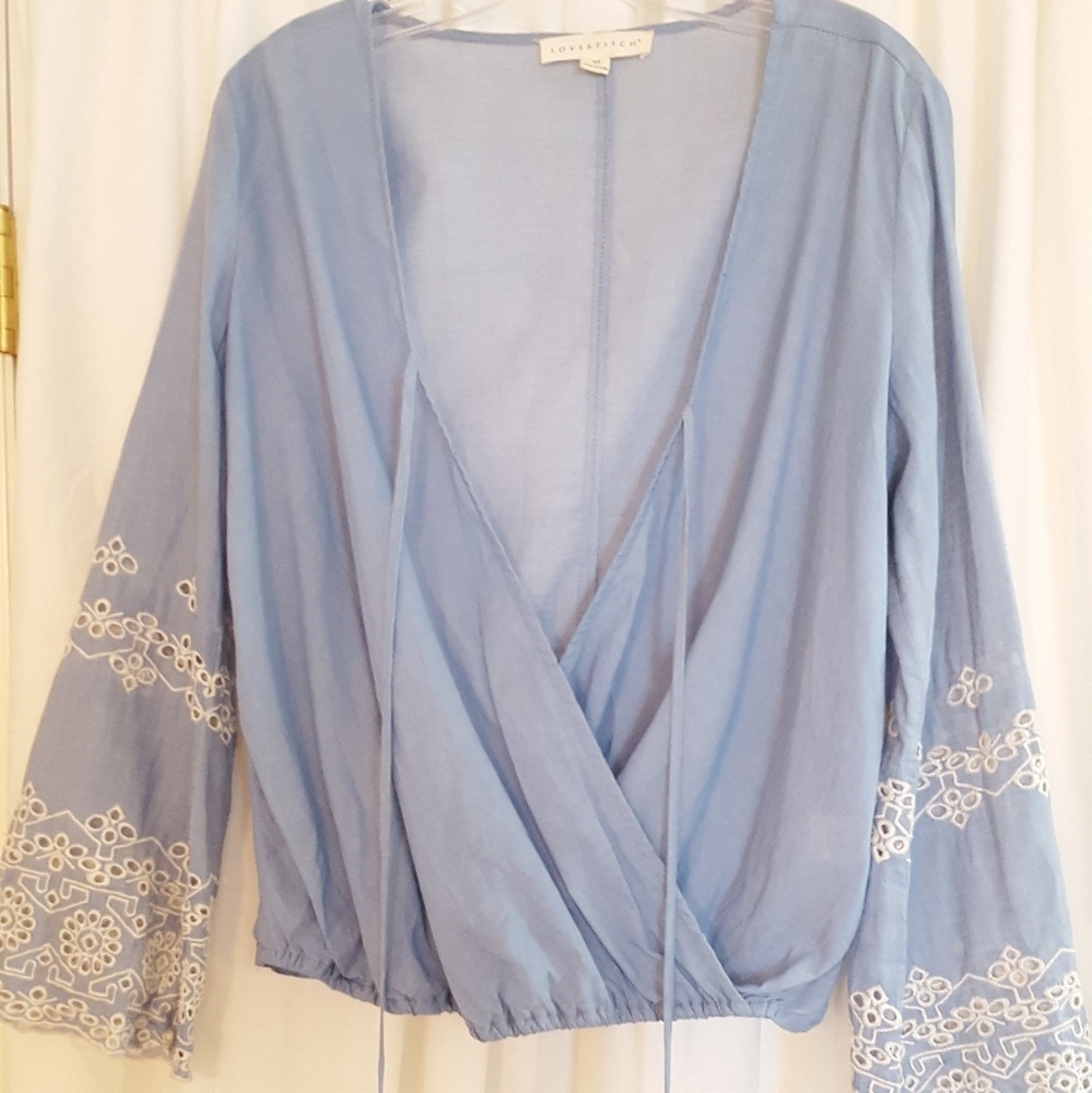Love Stitch size medium blue top Bell sleeve